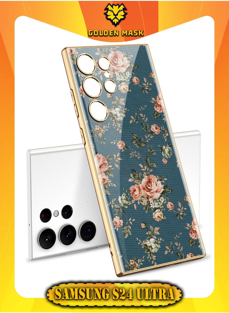 GOLDEN MASK GOLDEN MASK Compatible With Samsung Galaxy S24 Ultra Case Glass With 3D Flowers Prints Gold Frame (Green) 