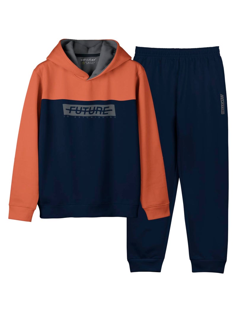 HELLCAT Printed Cotton Blend Full Sleeve Hoodie T-Shirt Jogger Trackpant Clothing Set for Boys Orange/Navy 5-6 Years - Image 1