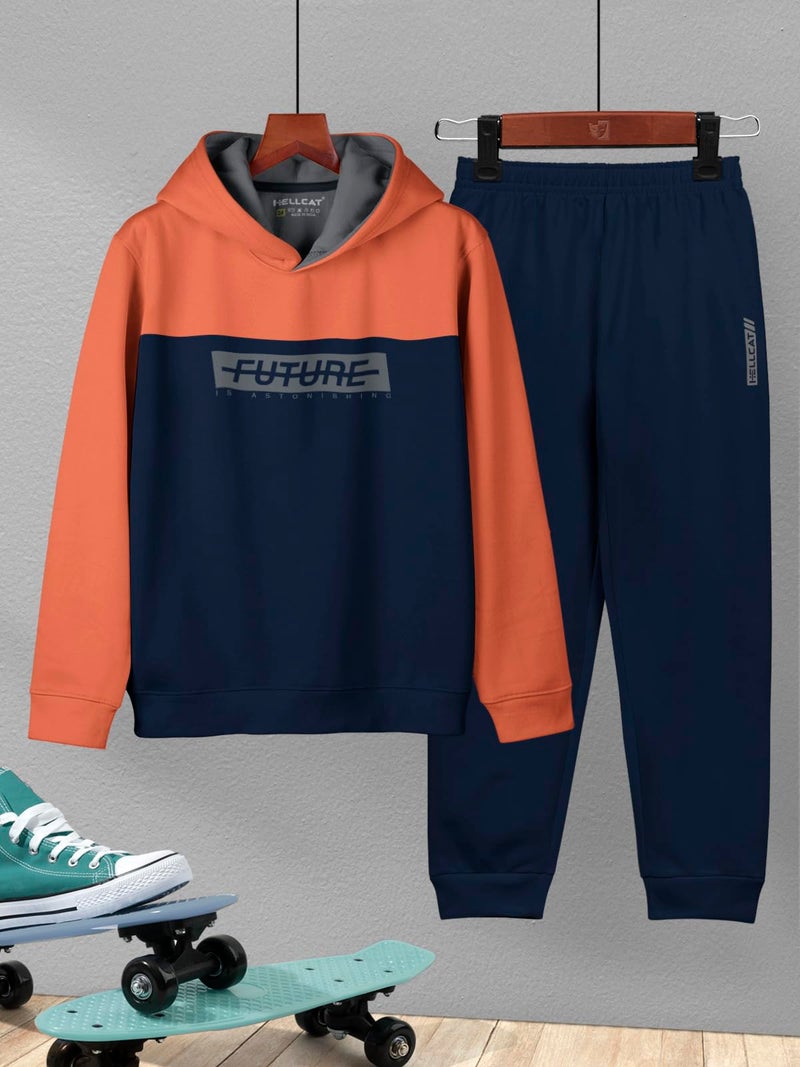 HELLCAT Printed Cotton Blend Full Sleeve Hoodie T-Shirt Jogger Trackpant Clothing Set for Boys Orange/Navy 5-6 Years - Image 2
