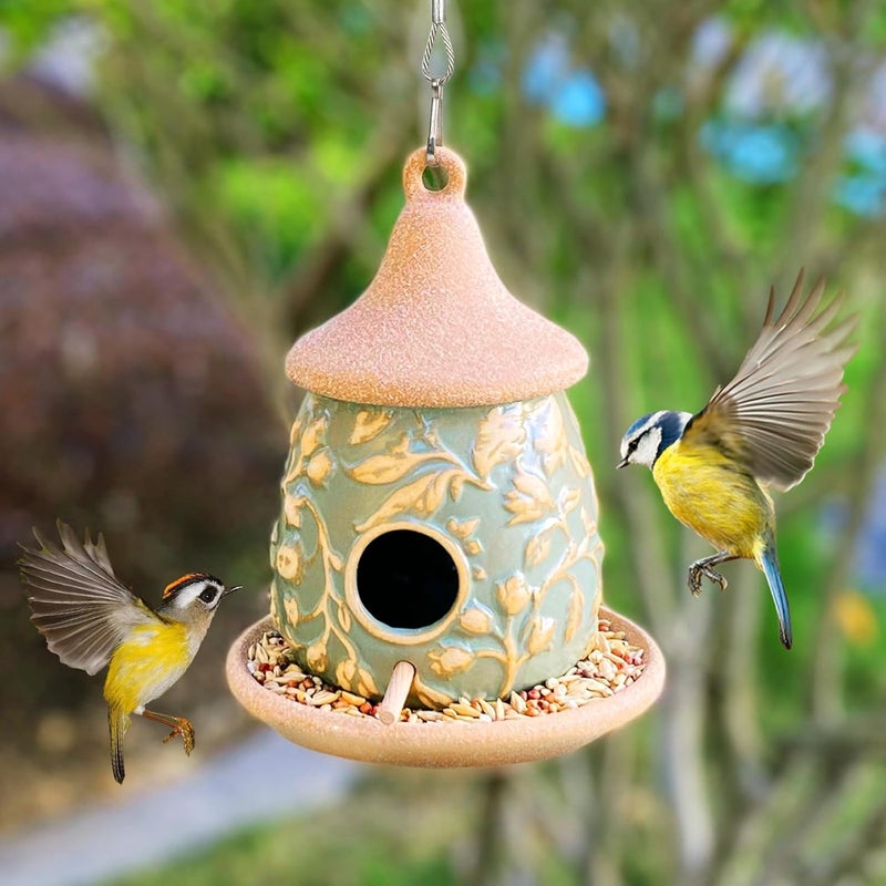 Karlliu Hanging Bird Houses for Outside: Bird House with Wooden Pole Ceramic Birdhouse Feeder for Hummingbirds Cardinal Wren Bluebird Wild Birds Nest Birdhouses Pet Cottage for Outdoor Patio Garden Decor - Image 2
