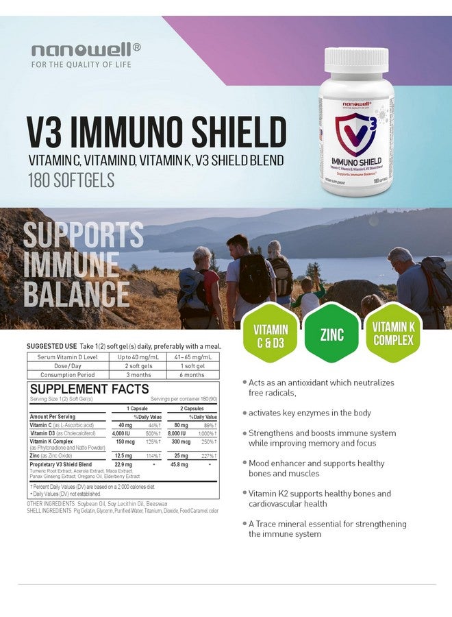 NANOWELL نانويل V3 درع المناعة - مكمل دعم المناعة مع فيتامين C، فيتامين D3، مركب فيتامين K، وزنك - 180 كبسولة لينة، إمداد لمدة 180 يومًا - Image 5