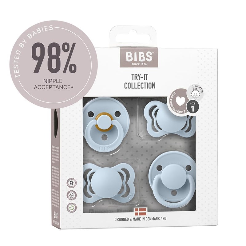 BIBS Try-It Collection | 4-Pack Soothers | BPA-Free Round, Anatomical & Symmetrical Nipple | Natural Rubber Latex/Silicone | Made in Denmark | 0-6 Months | Baby Blue - Image 1