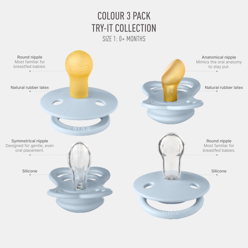 BIBS Try-It Collection | 4-Pack Soothers | BPA-Free Round, Anatomical & Symmetrical Nipple | Natural Rubber Latex/Silicone | Made in Denmark | 0-6 Months | Baby Blue - Image 2