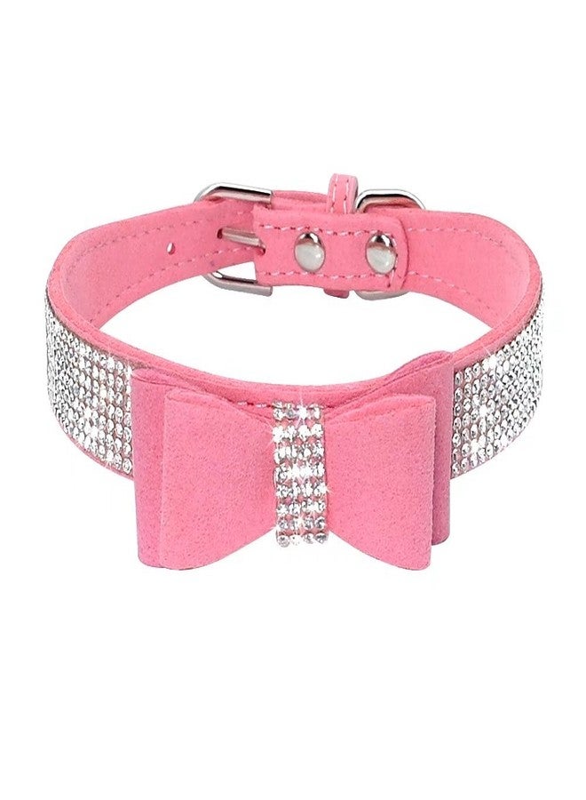 Beirui Rhinestone Bling Leather Dog & Cat Collar - Flocking Sparkly Crystal Diamonds Studded - Cute Double Bowknot for Pet Show & Daily Walking,Pink,XXS Neck fit 6-8" - Image 1