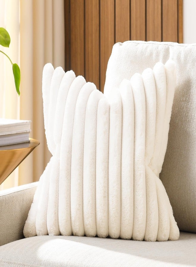 Volcanics Pack of 1 Double-Sided Faux Fur Plush Decorative Throw Pillow Covers 18x18 Inches Soft Fluffy Striped Couch Pillow Cases, Cream White - Image 1