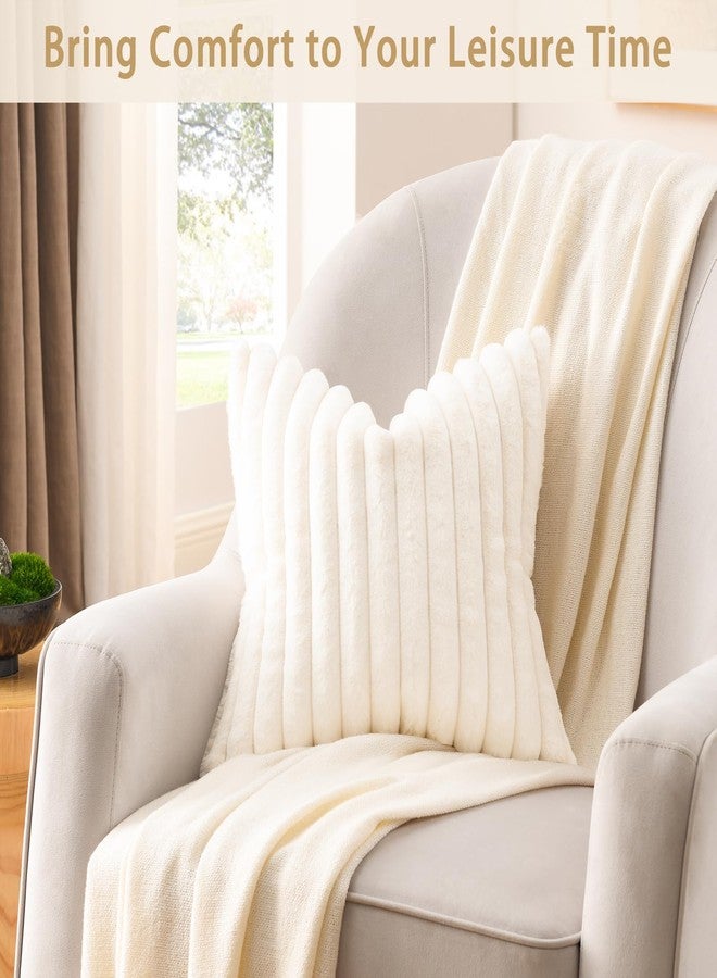 Volcanics Pack of 1 Double-Sided Faux Fur Plush Decorative Throw Pillow Covers 18x18 Inches Soft Fluffy Striped Couch Pillow Cases, Cream White - Image 3