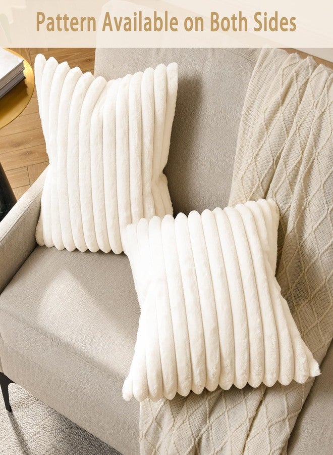 Volcanics Pack of 1 Double-Sided Faux Fur Plush Decorative Throw Pillow Covers 18x18 Inches Soft Fluffy Striped Couch Pillow Cases, Cream White - Image 2