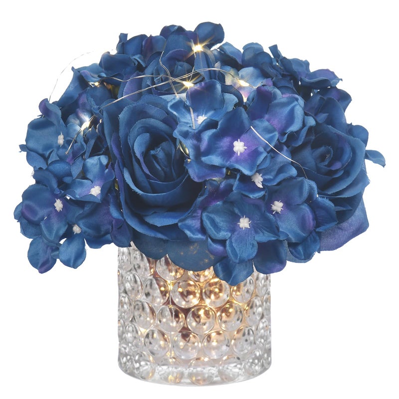 GreenHouzz Rose Silk Flower Arrangement Artificial Vivid Rose in Glass Vase with LED Light Elegant Centerpiece for Home Wedding Bathroom Table Shelf Decoration Navy Blue - Image 2
