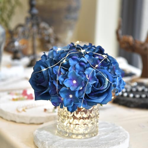GreenHouzz Rose Silk Flower Arrangement Artificial Vivid Rose in Glass Vase with LED Light Elegant Centerpiece for Home Wedding Bathroom Table Shelf Decoration Navy Blue - Image 3