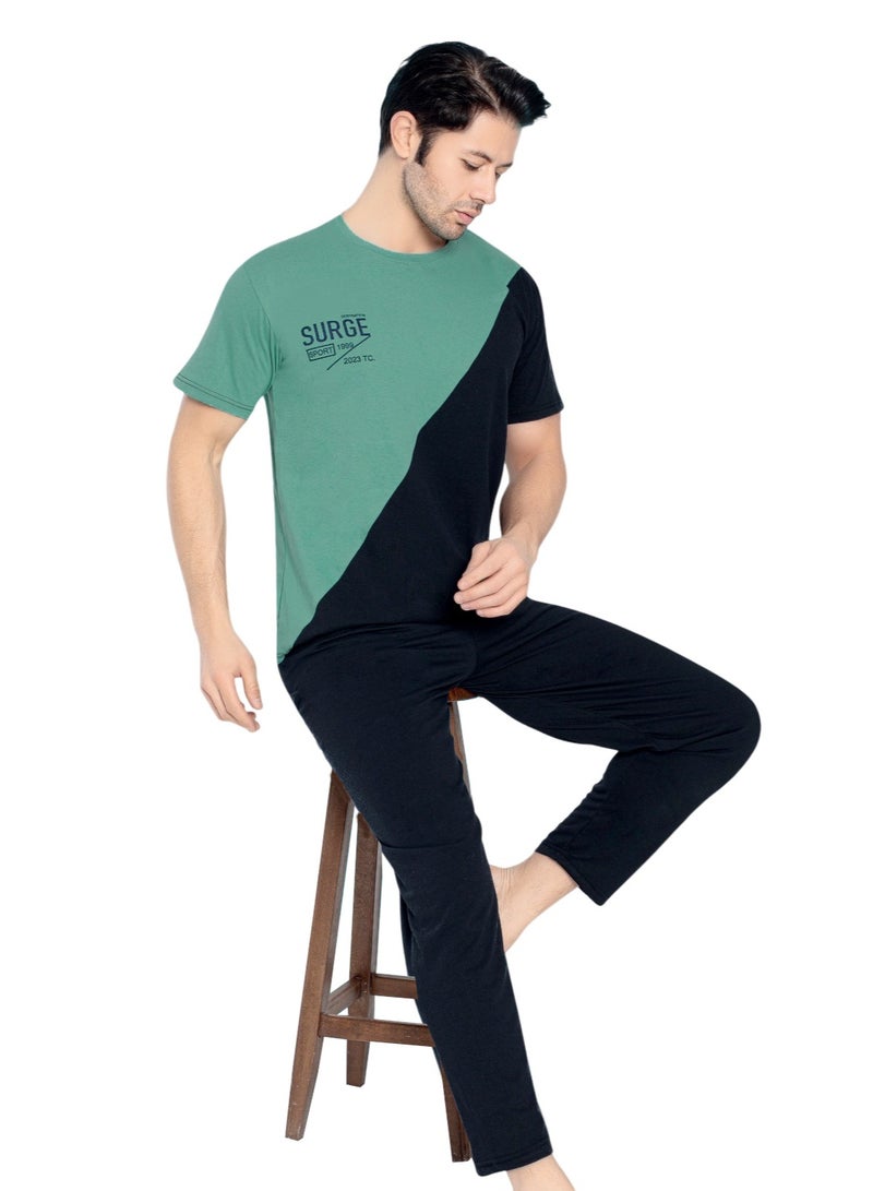 Ayans Turkish Cotton T-Shirt and Pants Pyjama Set Homewear Loungewear Green/Dark Navy  - Image 2