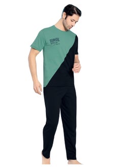 Ayans Turkish Cotton T-Shirt and Pants Pyjama Set Homewear Loungewear Green/Dark Navy  - Image 1