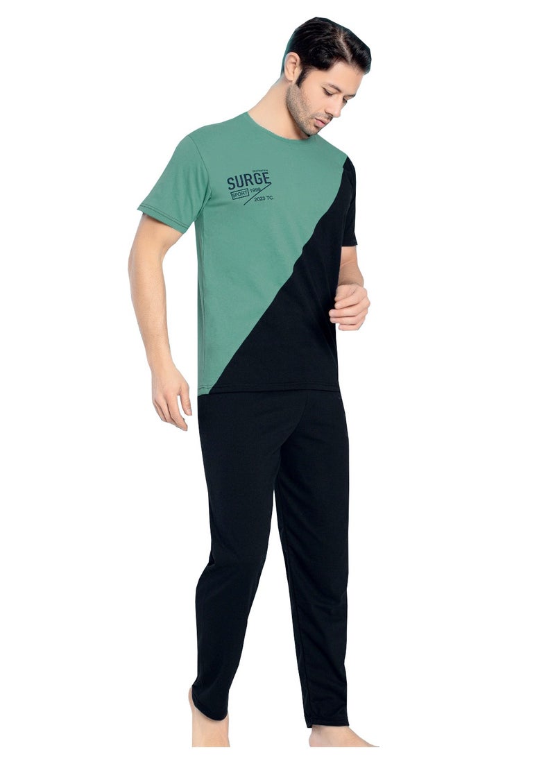 Ayans Turkish Cotton T-Shirt and Pants Pyjama Set Homewear Loungewear Green/Dark Navy  - Image 1