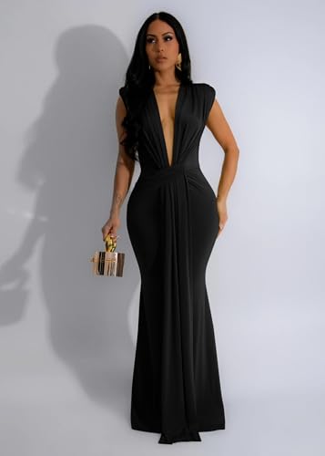 Memoriesea Women's Elegant Sleeveless Deep V Neck Bodycon Party Evening Gown Maxi Dress Black - Image 2