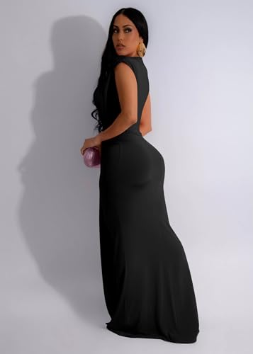Memoriesea Women's Elegant Sleeveless Deep V Neck Bodycon Party Evening Gown Maxi Dress Black - Image 3
