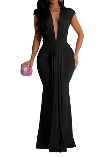 Memoriesea Women's Elegant Sleeveless Deep V Neck Bodycon Party Evening Gown Maxi Dress Black - Image 1
