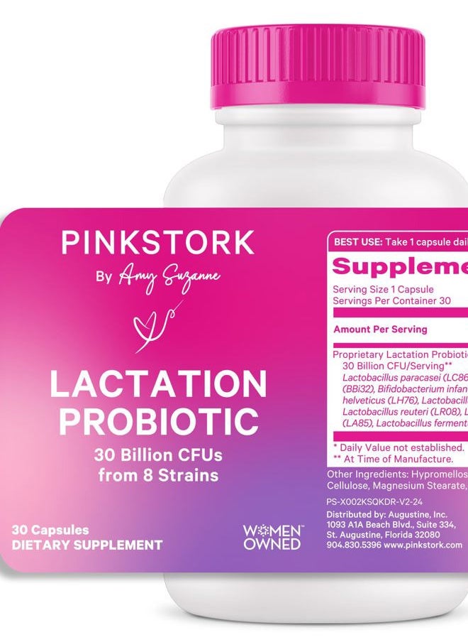 Pink Stork Lactation Probiotic - 30 Billion CFUs Multi Strain Postnatal Probiotics for Breastfeeding Women - Support Breast Milk & Gut Health, Postpartum Essentials, 30 Capsules  - Image 1