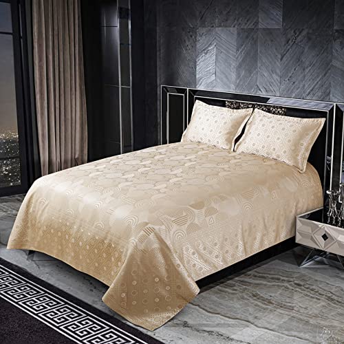 Victor Poly Cotton Styria Satin Bedcover for Double Bed/Luxury Damask Geometrical Extra Soft Bed Spread, Exclusive for Wedding (Bed Cover - 90" X 100", 2 Pillow Covers - 18" X 27"), Fawn - Image 1