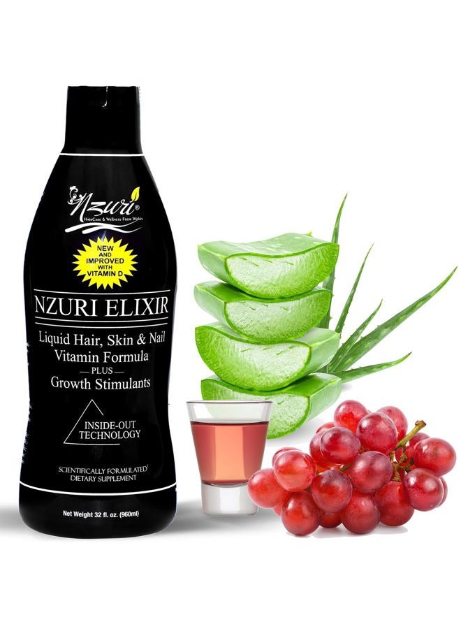 Nzuri Nzuri Elixir Hair Skin and Nails Vitamins for Women and Men with Biotin, Folate, and Vitamin D for Daily Growth Supplement to Reducing Dryness, Thinning, and Loss, 32 oz. - Image 1