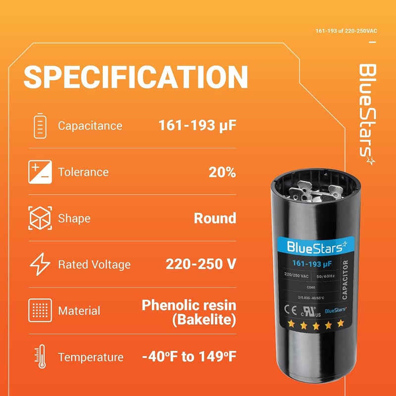 BlueStars Upgraded 161-193 uf MFD 50/60 Hz 220-250 VAC Volt Round Start Capacitor - Universal Fit for Air Conditioners - 1 Pack - Image 3