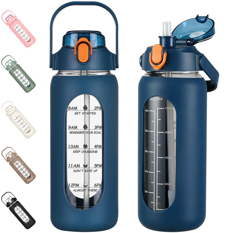 kytffu 56oz Glass Water Bottles with Straw Motivational Glass Bottle with Silicone Sleeve and Time Marker Leakproof Large Glass Water Jug for Gym Home OfficeBlue