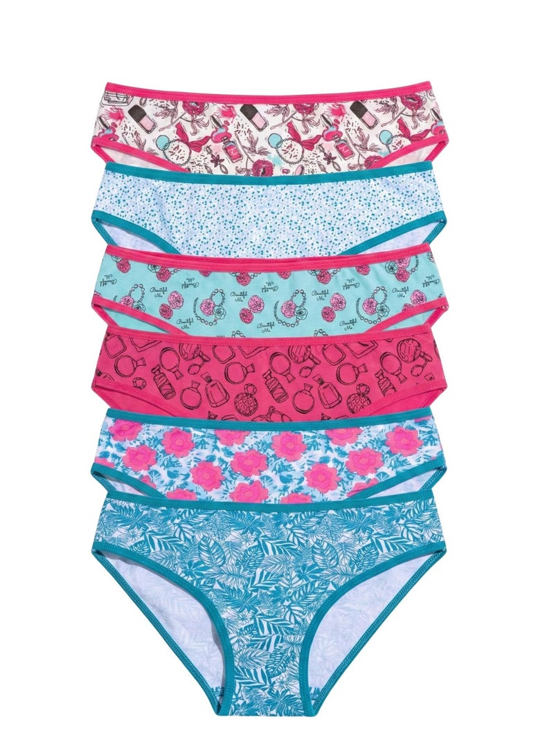 School Pack of 6 Printed Multicolor Cotton Bikini Panties for women - Image 1