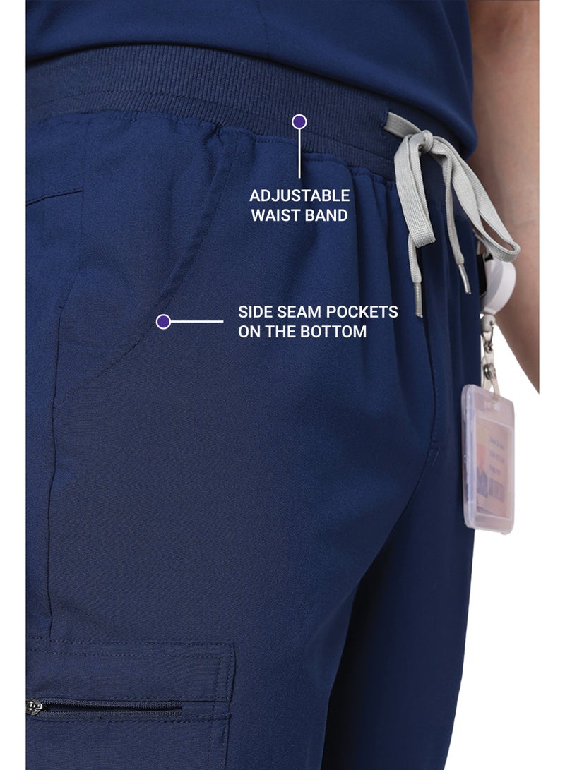 KNYA بدلة طبية رجالية من KNYA Ecoflex | بنطال رياضي طبي | 8 جيوب | بلوزة ماندرين | بنطال كارجو | قماش مطاطي في أربعة اتجاهات | للأطباء (مقاس 2XL، أزرق داكن) - Image 4