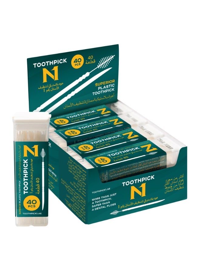 N1 Toothpick Plastic Toothpicks 40 x 12 Pack, 480 Pcs Interdental Cleaning Picks, 2-in-1 Dental Toothpick with Flexible Bristles, Oral Care Sticks for Plaque & Food Removal, for Braces & Dentures