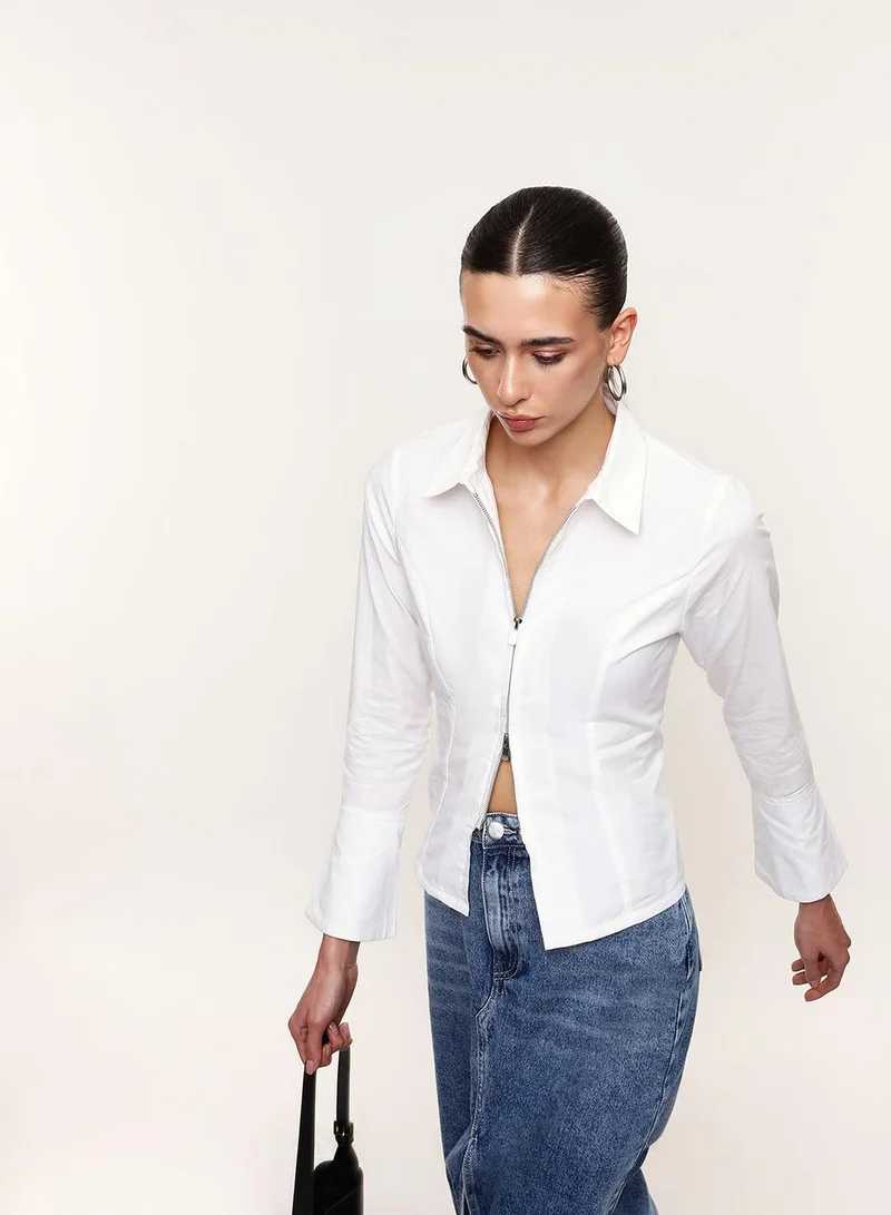 دينيس لينغو Off White 100% Cotton Solid Print Button Down Slim Fit Shirt For Women