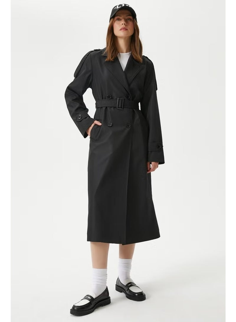 Ritnice Women's Detroit Lined Epaulette Detailed Long Black Trench Coat - Image 5