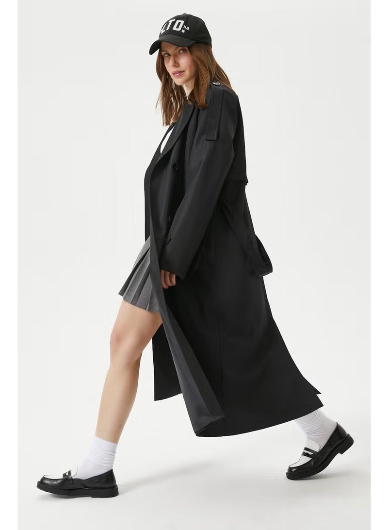 Ritnice Women's Detroit Lined Epaulette Detailed Long Black Trench Coat - Image 1