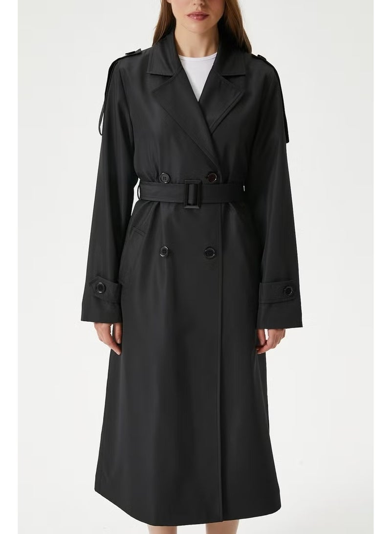 Ritnice Women's Detroit Lined Epaulette Detailed Long Black Trench Coat - Image 3