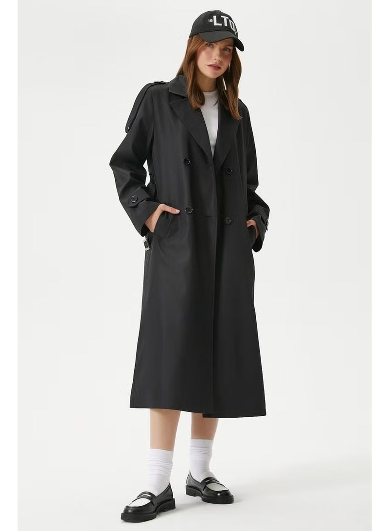 Ritnice Women's Detroit Lined Epaulette Detailed Long Black Trench Coat - Image 2