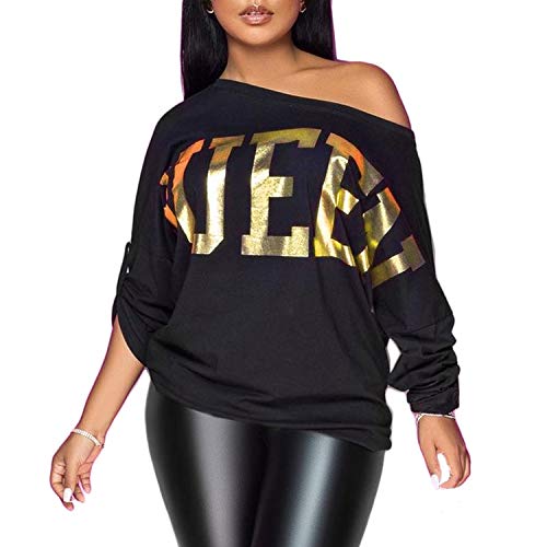 PESION Womens Off The Shoulder Tops Sexy Shiny Shirts Long/Short Sleeves Fashion Graphic T-Shirts Blouses, Black+ Gold X-Large - Image 5