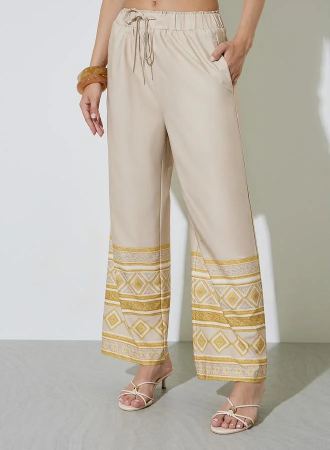 تايك تو Beige Geo Print Straight Leg Pants
