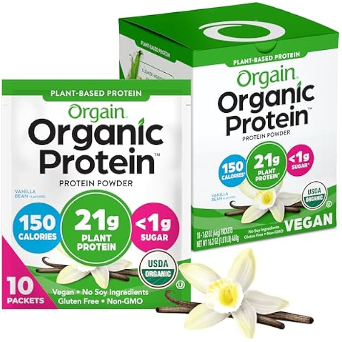 Orgain Organic Vegan Protein Powder, Vanilla Bean - 21g Plant Protein, 5g Prebiotic Fiber, Low Carb, No Lactose Ingredients, No Added Sugar, Non-GMO, For Shakes & Smoothies, 10 Travel Packs - Image 1