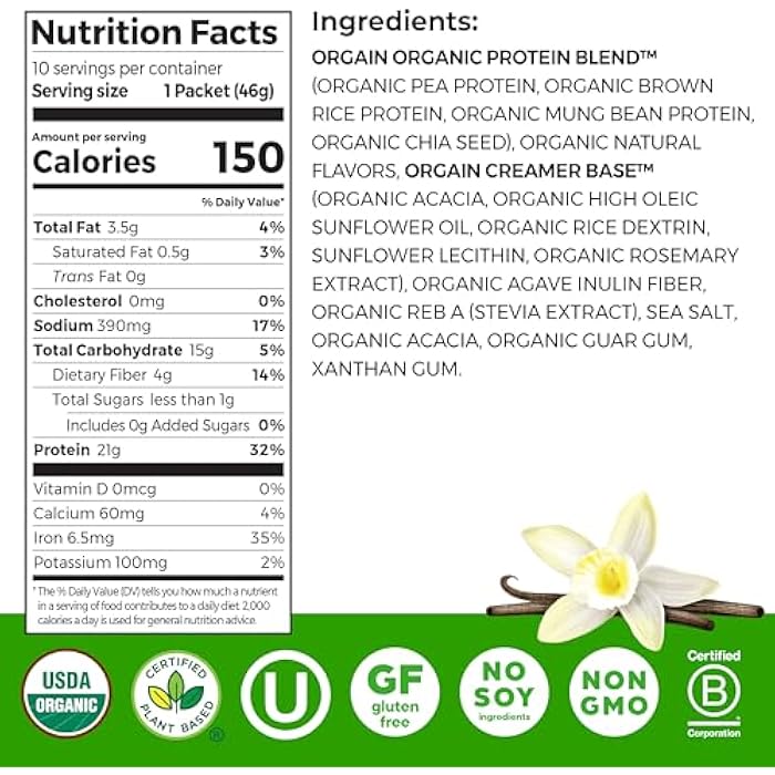 Orgain Organic Vegan Protein Powder, Vanilla Bean - 21g Plant Protein, 5g Prebiotic Fiber, Low Carb, No Lactose Ingredients, No Added Sugar, Non-GMO, For Shakes & Smoothies, 10 Travel Packs - Image 2