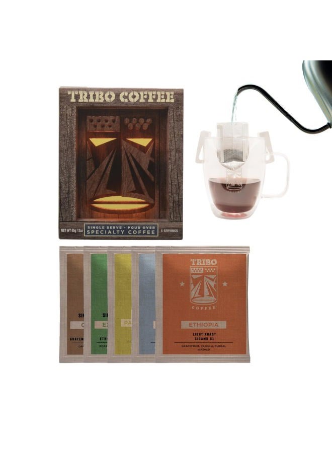 Tribo Coffee Single-Serve Portable Pour Over Drip Coffee - Specialty Grade - Variety - 5 Servings Per Box (Light, Medium & Med-Dark Roasts) - Image 1
