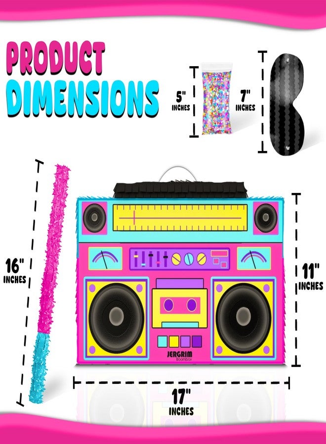 Jergrim Boombox Piñata 4-Piece Set perfect for Retro Birthday Party, Decorations, 80s Parties, Hip Hop 90s, 1980’s Radio Piñata for kids and adults (17”X10”) Durable! - Image 2