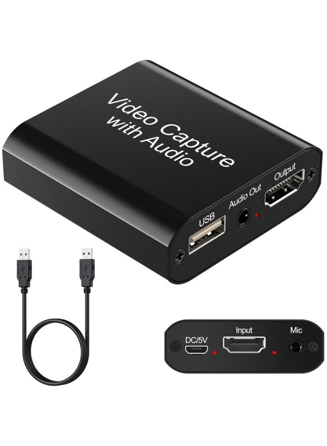 بطاقة التقاط فيديو مع صوت، بطاقة التقاط مع مخرج HDMI 4K، مسجل فيديو 1080 بكسل 60 إطارًا في الثانية، بطاقة التقاط لأجهزة Switch/PS4/PS5/X Box/OBS/الكاميرا/الكمبيوتر الشخصي، للبث المباشر/الألعاب/البث المباشر/مؤتمرات الفيديو - Image 1
