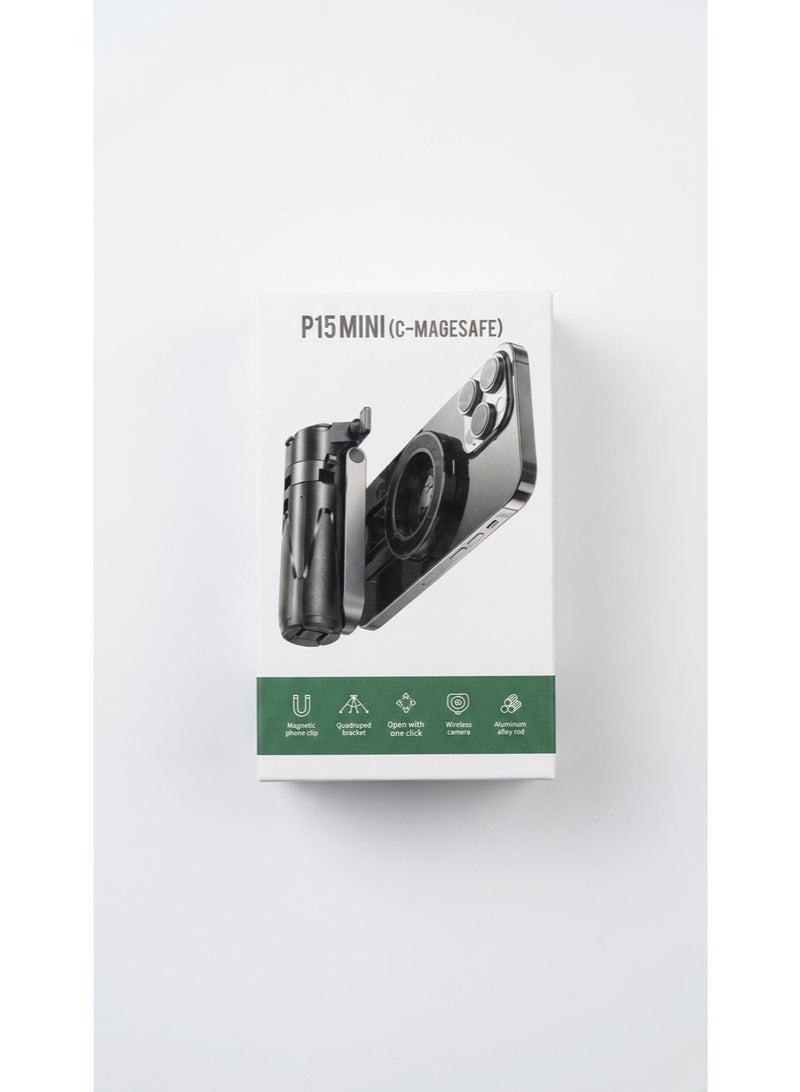 P15 Mini 3-in-1 MagSafe Wireless Selfie Stick Tripod with Detachable Bluetooth Remote & Quadruped Stand - Black - Image 1