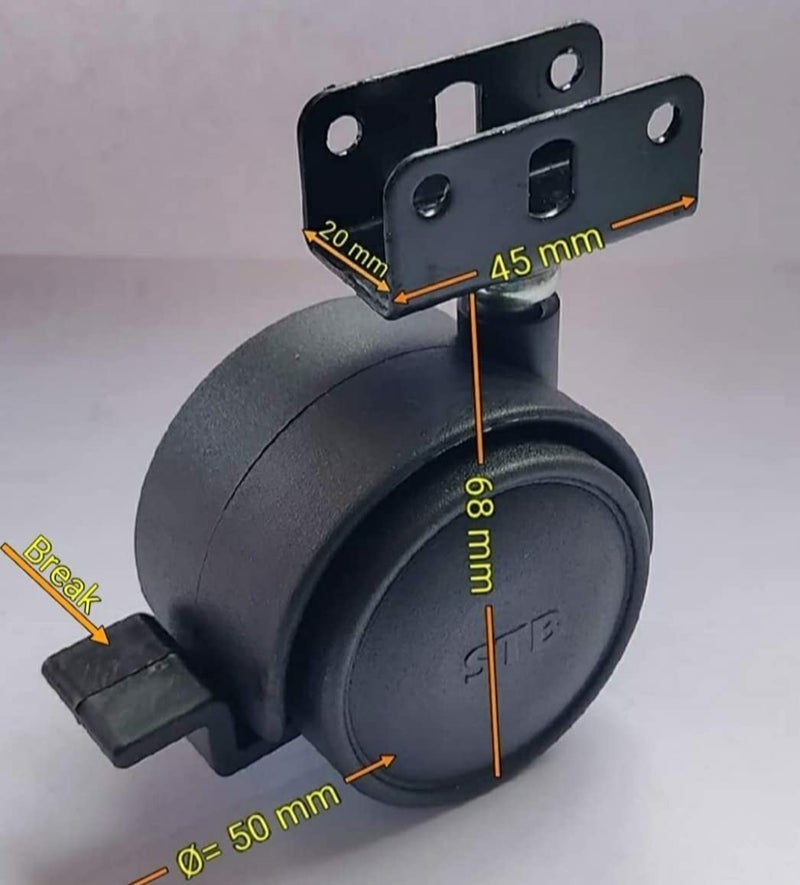 Caster Wheel 180Kg Weight Capacity 50mm for Furniture Black Twin Wheel Plywood Castor Plate with LockStopperBreak Pack of 4 Pcs  - Image 2