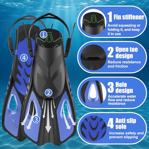 MELUMILU Snorkel Fins, Swim Fins Travel Size Short Adjustable for Snorkeling Diving Adult Men Women Open Heel Swimming Flippers (Blue) - Image 2