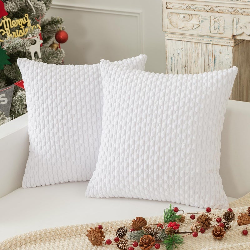 Kevin Textile Velvet Pillow Covers Striped Decorative Throw Cushion Case with Hidden Zipper for Home CouchBedroom 2 Pack 24x24 Inch Pure White