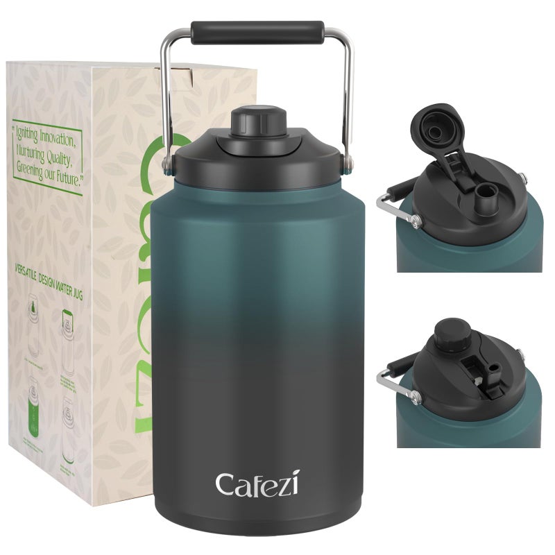 Cafezi 1 Gallon Water Jug 2in1 LID Flip Straw and Spout Insulated Triple Wall 128 oz Water Bottle for Cold Hot Drinks Leak Proof Top Handle Great for Beach Days Sports Fishing Camping
