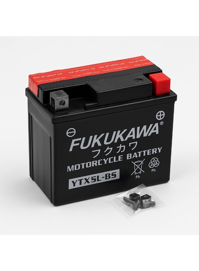 FUKUKAWA YTX5L-BS 12V 5Ah Motorcycle Battery, Refillable Conventional Lead Acid with 6 Pack Electrolyte for Scooter, ATV, Jet Ski & Motorbike - Image 1