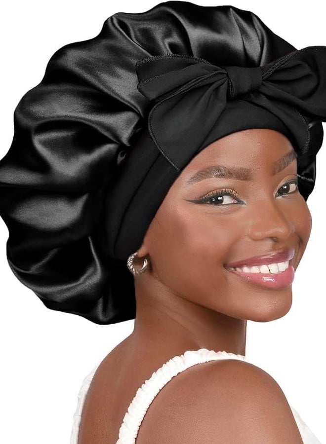 YANIBEST غطاء رأس حرير للنوم للنساء غطاء ساتان مزدوج الطبقة مزود بشريط ربط للشعر المجعد أسود - Image 1
