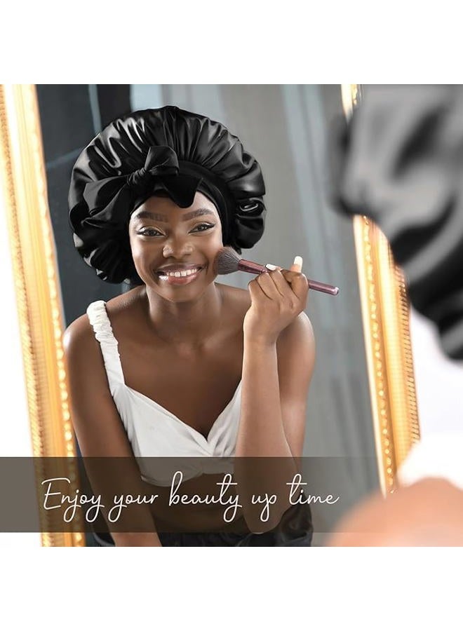 YANIBEST غطاء رأس حرير للنوم للنساء غطاء ساتان مزدوج الطبقة مزود بشريط ربط للشعر المجعد أسود - Image 4