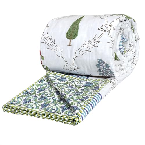 TOAIArt Premium Jaipuri Dohar | AC Blanket Summer Quilt | Hand Block Printed | 3 Layers | Reversible | 150GSM 100% Mulmul Cotton | 100% Cotton Flannel Filling | Queen 90" X 108" |Adil Jaal - Image 1
