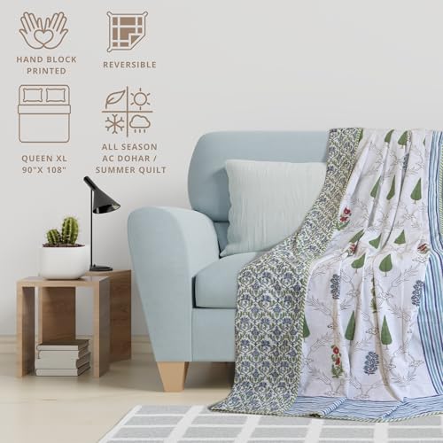 TOAIArt Premium Jaipuri Dohar | AC Blanket Summer Quilt | Hand Block Printed | 3 Layers | Reversible | 150GSM 100% Mulmul Cotton | 100% Cotton Flannel Filling | Queen 90" X 108" |Adil Jaal - Image 4