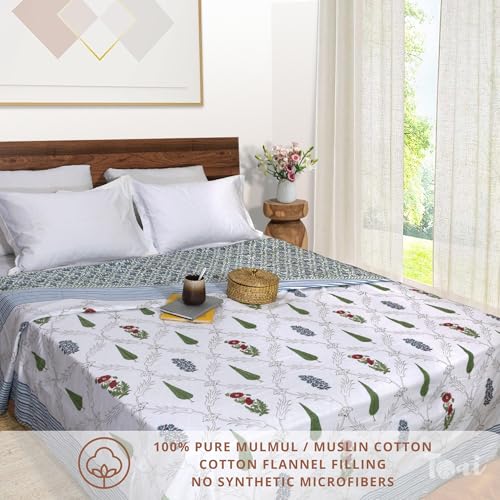 TOAIArt Premium Jaipuri Dohar | AC Blanket Summer Quilt | Hand Block Printed | 3 Layers | Reversible | 150GSM 100% Mulmul Cotton | 100% Cotton Flannel Filling | Queen 90" X 108" |Adil Jaal - Image 2
